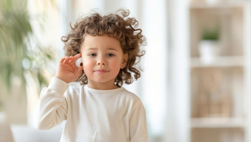 Toddler tugging on left ear.