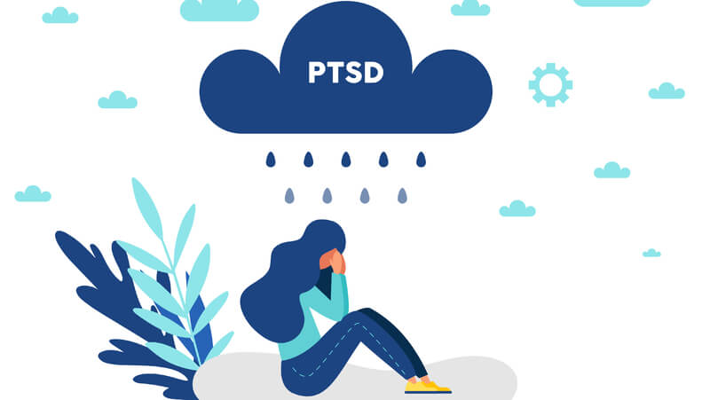 Animated image of a woman with a cloud labeled on PTSD raining on her